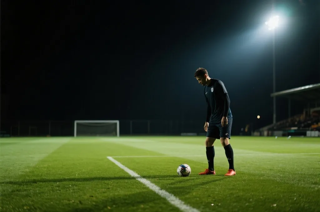 球员在夜间球场独自训练,灯光下沉思与汗水交织