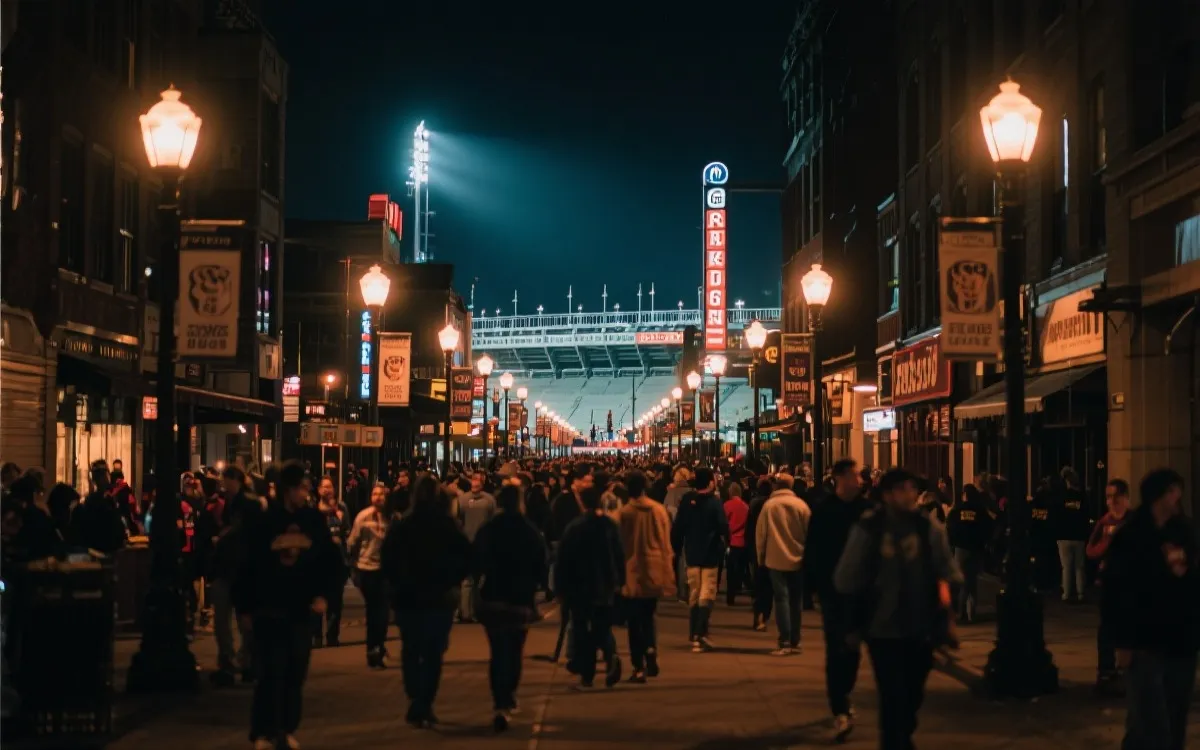 球场周边城市街区的人流与夜景氛围，步行动线清晰